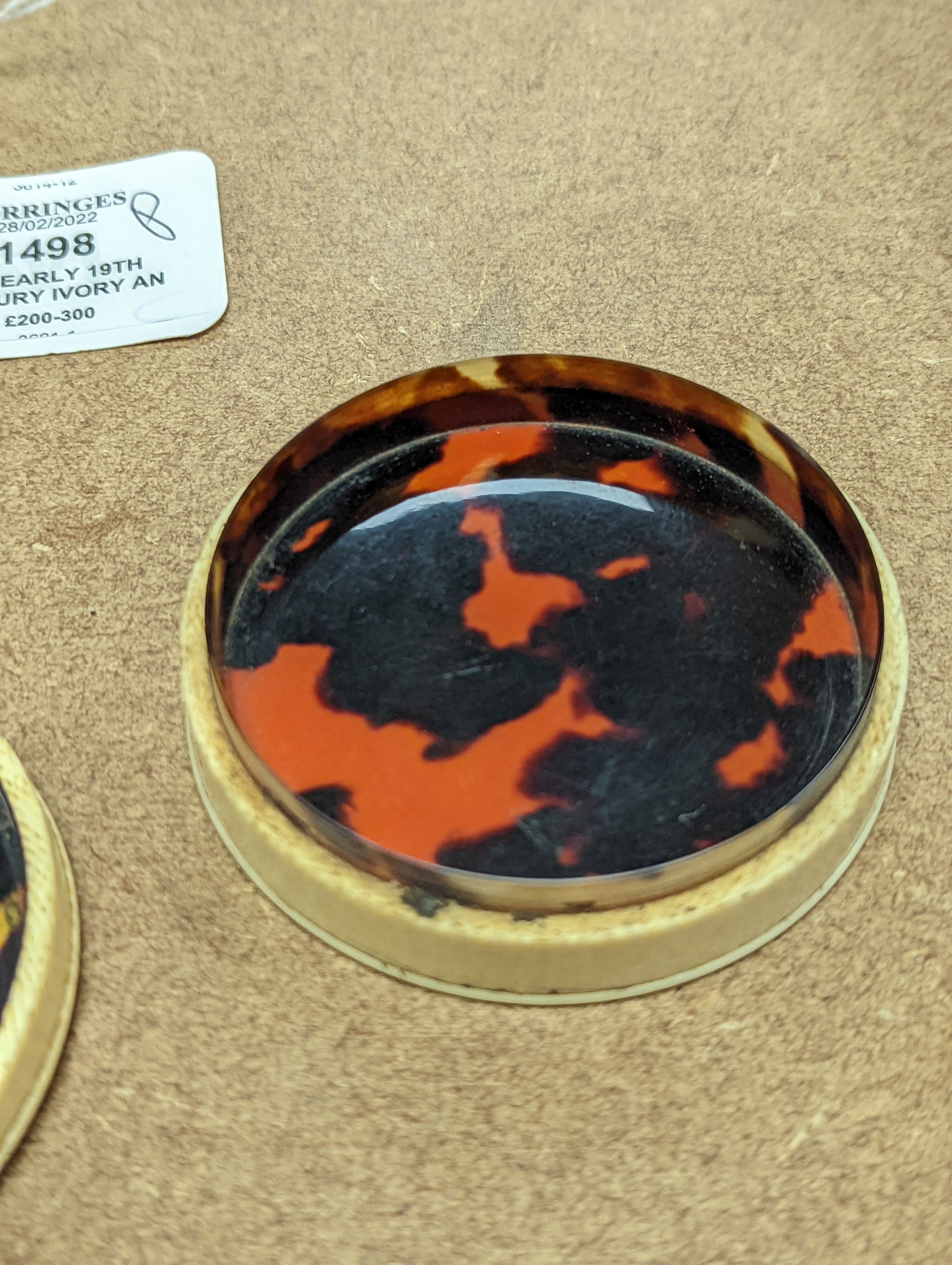 An early 19th century ivory and tortoishell box with inset miniature of Themis to cover, 8cm.